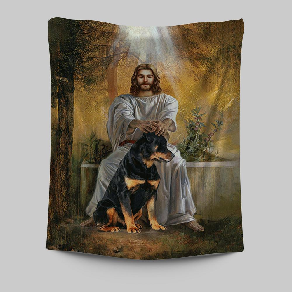 Jesus And Rottweiler Dog Wall Art Tapestry - Jesus Portrait Tapestry Prints - Christian Wall Art