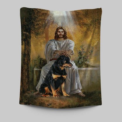 Jesus And Rottweiler Dog Wall Art Tapestry - Jesus Portrait Tapestry Prints - Christian Wall Art