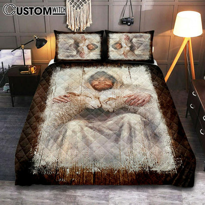 Jesus And The Lambs Bedroom Quilt Bedding Set - Jesus Portrait Quilt Bedding Set Prints - Christian Bedroom