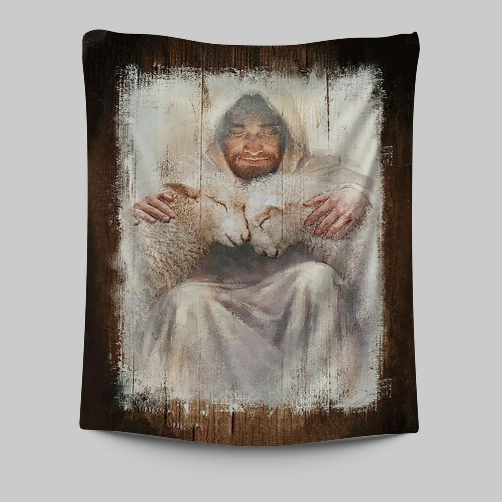 Jesus And The Lambs Wall Art Tapestry - Jesus Portrait Tapestry Prints - Christian Wall Art