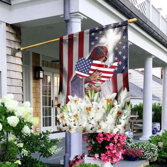 Jesus And The Lilies God American Flag, Outdoor Christian House Flag, Christian Flag, Scripture Flag, Garden Banner