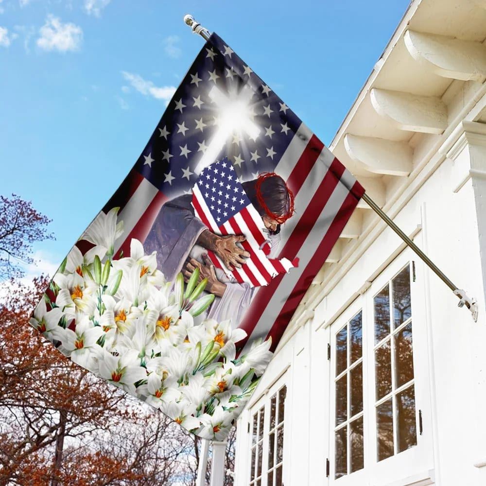 Jesus And The Lilies God American Flag, Outdoor Christian House Flag, Christian Flag, Scripture Flag, Garden Banner