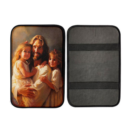 Jesus And Two Little Girls Car Center Console Cover, Christ Car Armrest Accessories