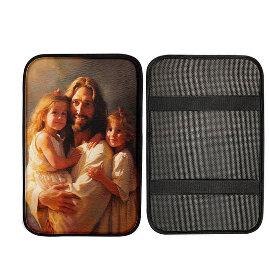Jesus And Two Little Girls Car Center Console Cover, Christ Car Armrest Accessories