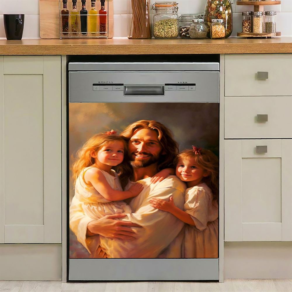 Jesus And Two Little Girls Dishwasher Cover, Jesus Dishwasher Stickers, Christian Kitchen Decor