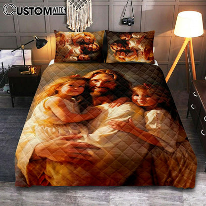 Jesus And Two Little Girls Quilt Bedding Set Prints - Jesus Quilt Bedding Set Art - Christian Bedroom Decor