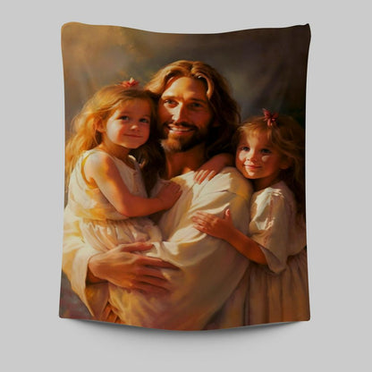 Jesus And Two Little Girls Tapestry Prints - Jesus Tapestry Art - Christian Wall Art Decor