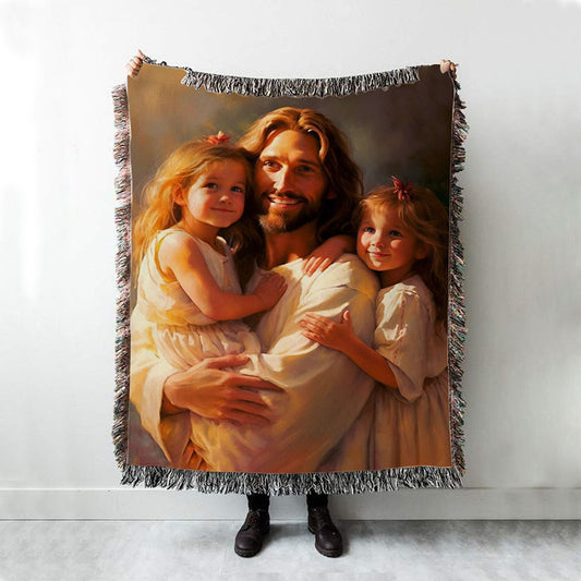 Jesus And Two Little Girls Woven Blanket Prints - Jesus Woven Blanket Art - Christian Throw Blanket Decor