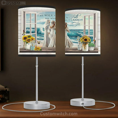 Jesus And Woman I Will Walk By Faith Table Lamb Art - Bible Verse Lamb Gift - Christian Bedroom Decor