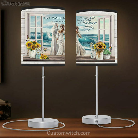 Jesus And Woman I Will Walk By Faith Table Lamb Art - Bible Verse Lamb Gift - Christian Bedroom Decor