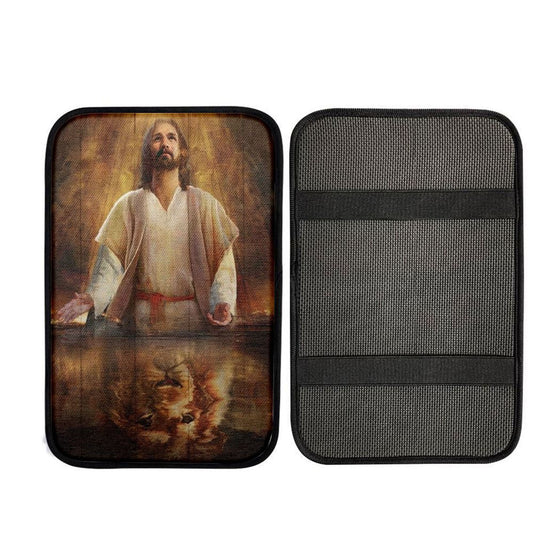 Jesus Artwork, Lion Of Judah, Yellow Halo Car Center Console Cover, Car Armrest Pad, Christian Gift, Armrest Box Mat