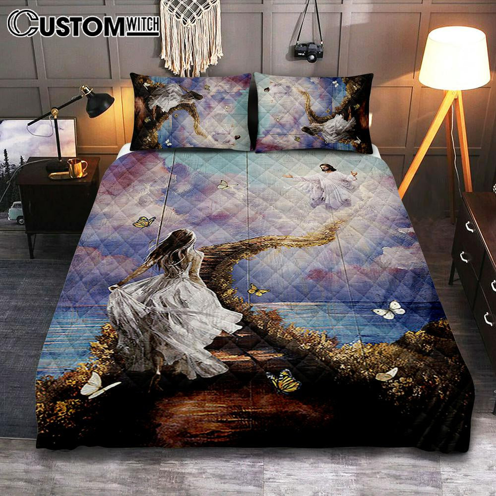 Jesus Beautiful Girl Path To Heaven Quilt Bedding Set - Christian Bedroom - Religious Home Decor