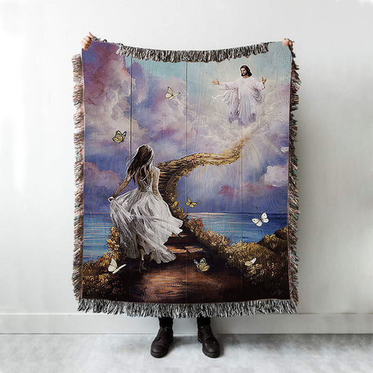 Jesus Beautiful Girl Path To Heaven Woven Blanket - Christian Throw Blanket - Religious Home Decor
