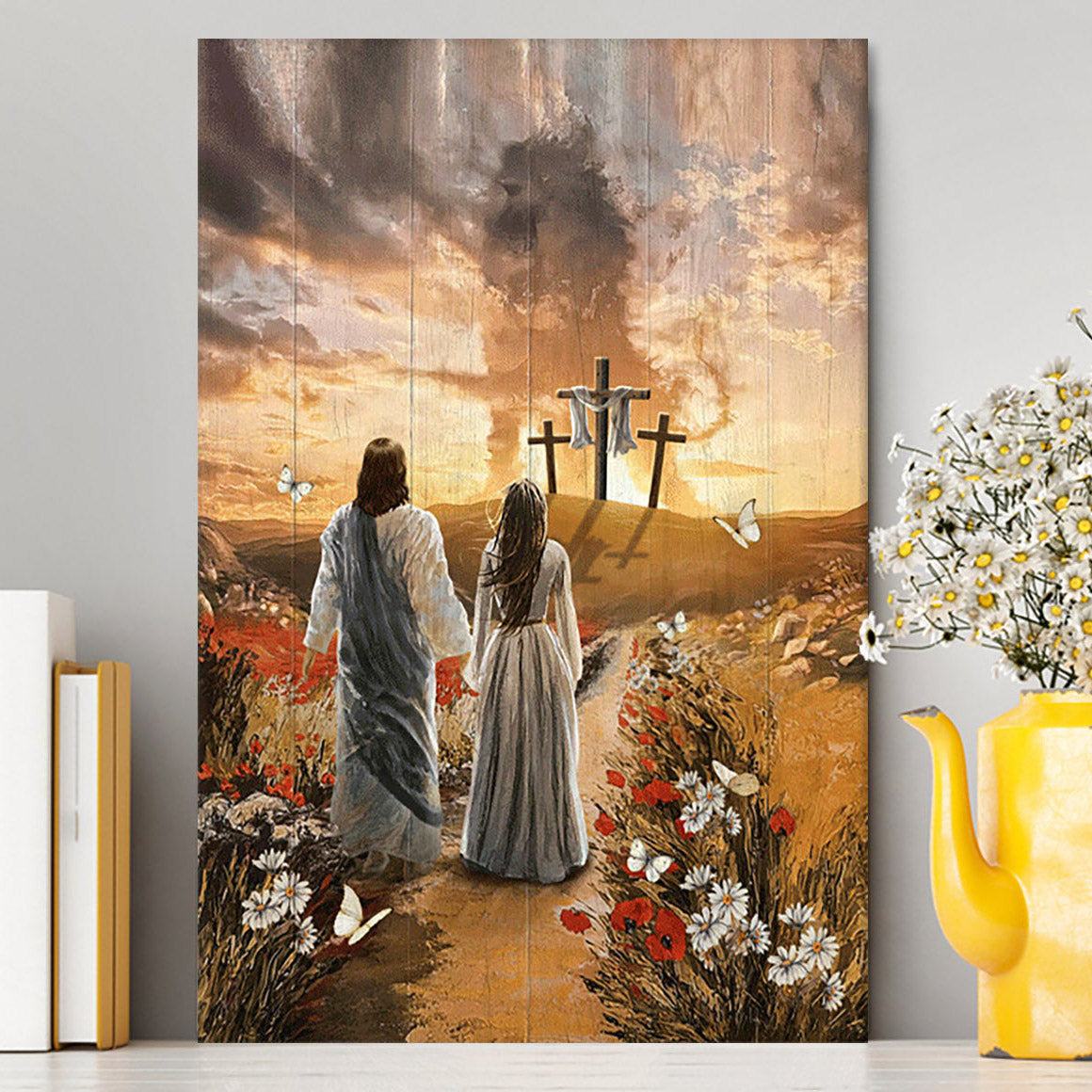 Jesus Beautiful Girl Sunset Lion Poppy Flower Canvas Wall Art - Christian Canvas Prints - Bible Verse Canvas Art