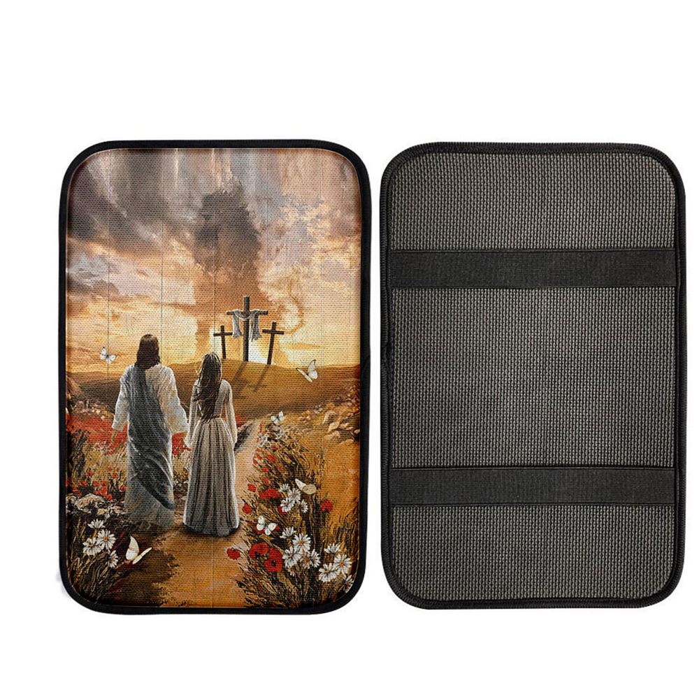 Jesus Beautiful Girl Sunset Lion Poppy Flower Car Center Console Cover, Religious Car Interior Accessories