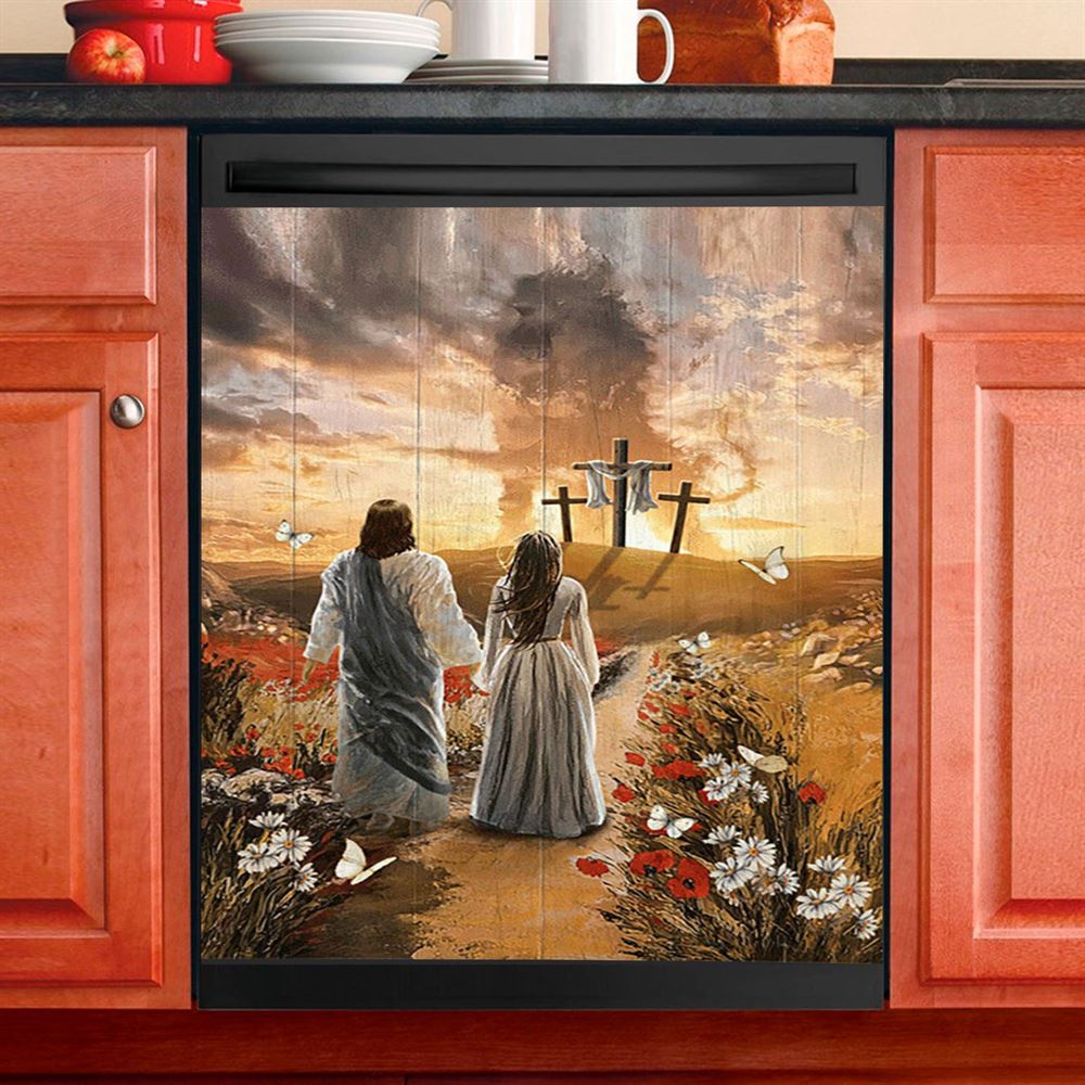 Jesus Beautiful Girl Sunset Lion Poppy Flower Dishwasher Cover, Christian Dishwasher Stickers, Bible Verse Kitchen Decor