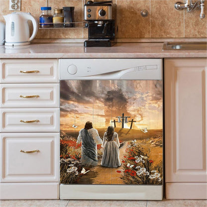 Jesus Beautiful Girl Sunset Lion Poppy Flower Dishwasher Cover, Christian Dishwasher Stickers, Bible Verse Kitchen Decor