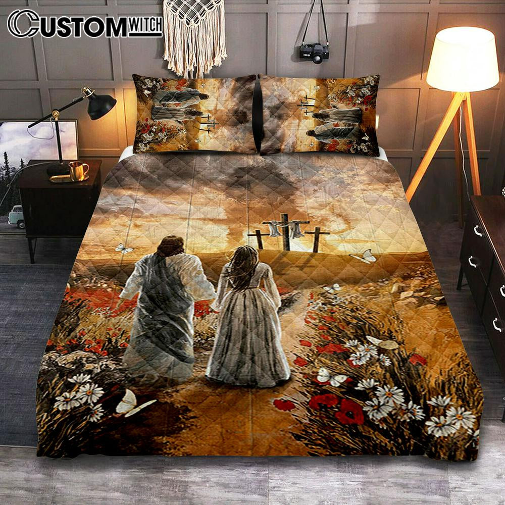 Jesus Beautiful Girl Sunset Lion Poppy Flower Quilt Bedding Set Bedroom - Christian Quilt Bedding Set Prints - Bible Verse Quilt Bedding Set Art