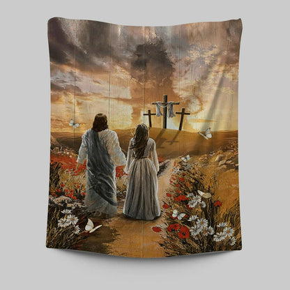 Jesus Beautiful Girl Sunset Lion Poppy Flower Tapestry Wall Art - Christian Tapestries Prints - Bible Verse Tapestry Art