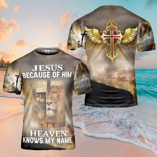 Jesus Because Of Him Heaven Knows My Name All Over Print 3D T-Shirt, Gift For Christian, Jesus Shirt