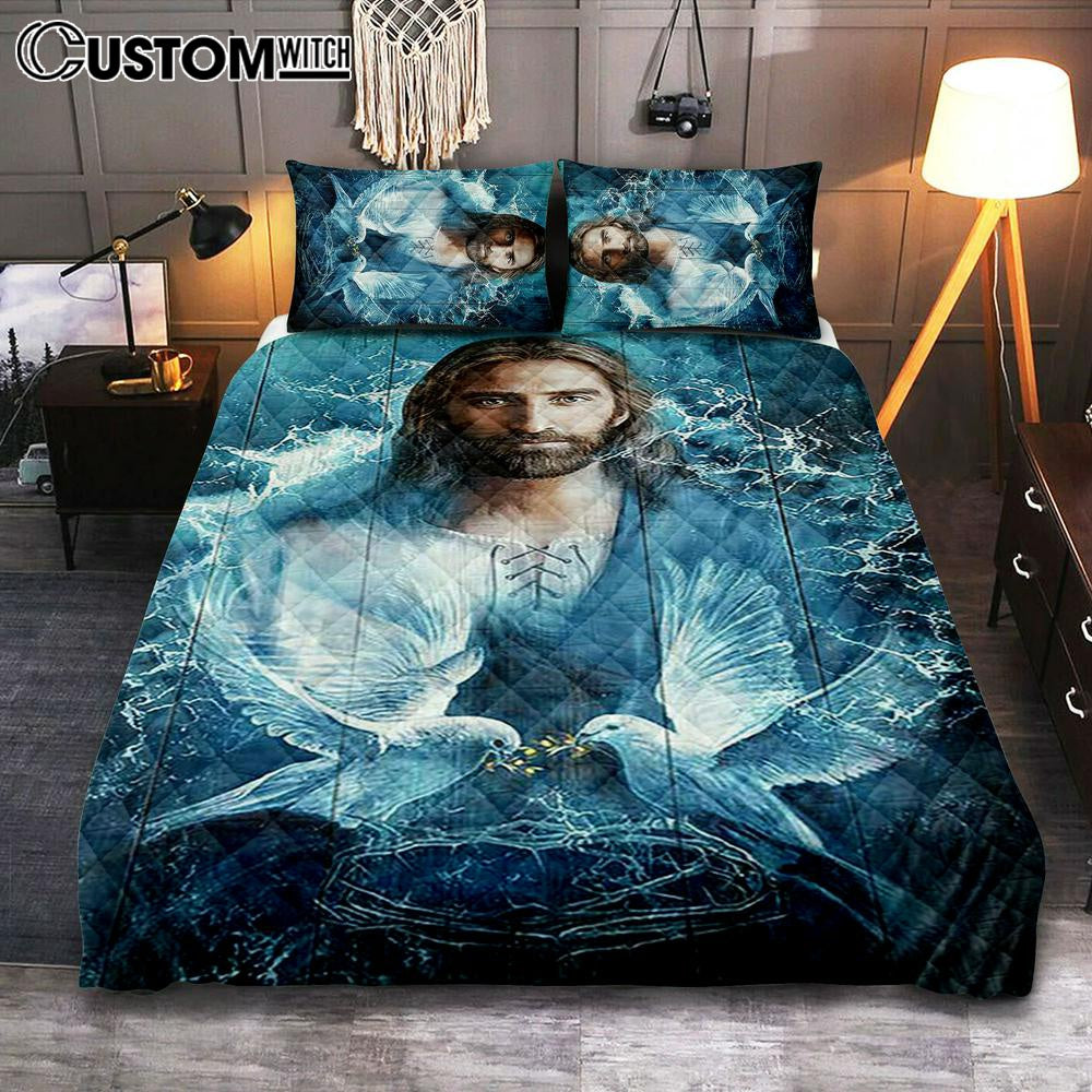 Jesus Bird Couple Blue Water Bedroom Quilt Bedding Set - Jesus Portrait Quilt Bedding Set Prints - Christian Bedroom
