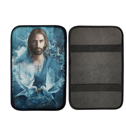 Jesus Bird Couple Blue Water Car Center Console Cover, Religious Car Interior Accessories