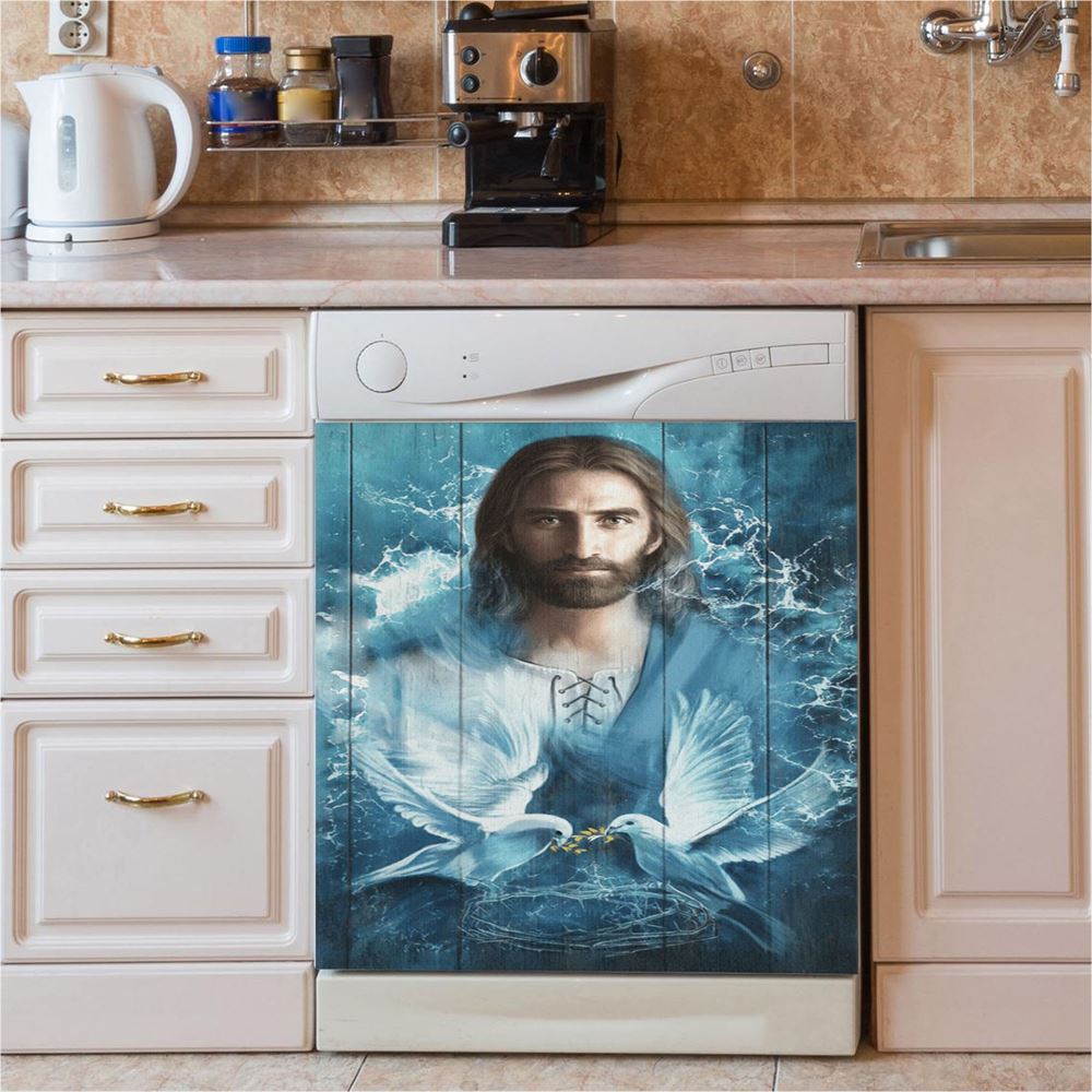 Jesus Bird Couple Blue Water Dishwasher Cover, Jesus Christ Dishwasher Stickers, Christian Kitchen Decor