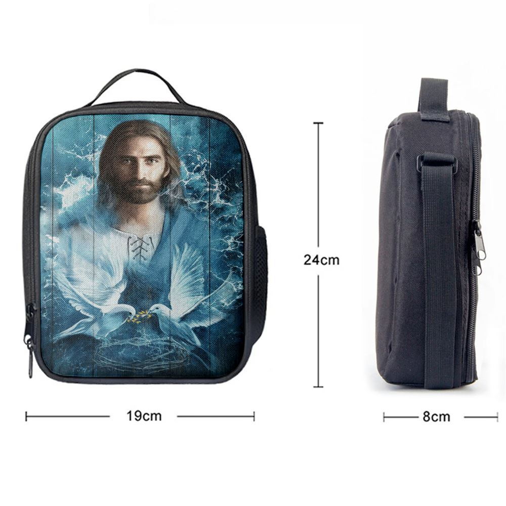 Jesus Bird Couple Blue Water Lunch Bag, Christian Lunch Box For School, Picnic