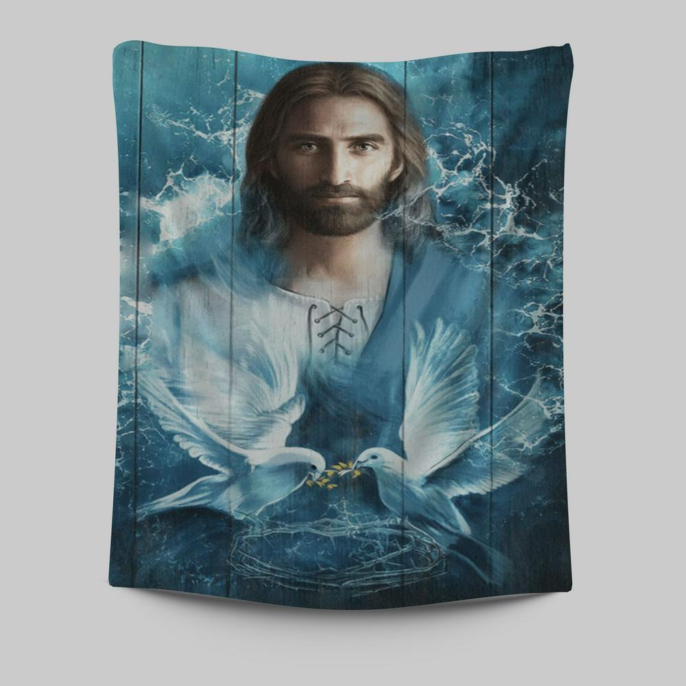 Jesus Bird Couple Blue Water Tapestry Prints - Jesus Christ Tapestry Art - Christian Wall Decor