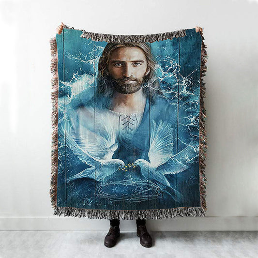 Jesus Bird Couple Blue Water Throw Blanket Woven Blanket - Jesus Portrait Woven Blanket Prints - Christian Throw Blanket