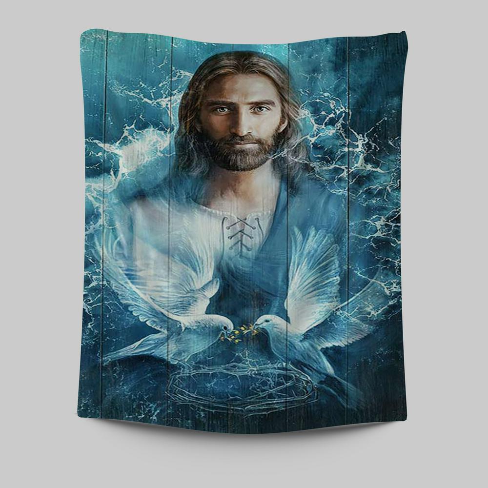 Jesus Bird Couple Blue Water Wall Art Tapestry - Jesus Portrait Tapestry Prints - Christian Wall Art