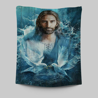 Jesus Bird Couple Blue Water Wall Art Tapestry - Jesus Portrait Tapestry Prints - Christian Wall Art