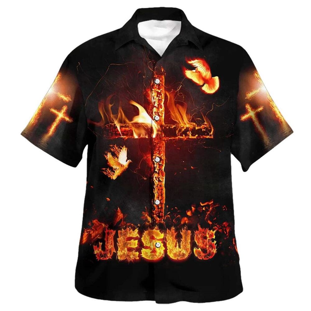 Jesus Burning Fire Cross Hawaiian Shirt For Men, Christian Hawaiian Shirt, Gift For Christian