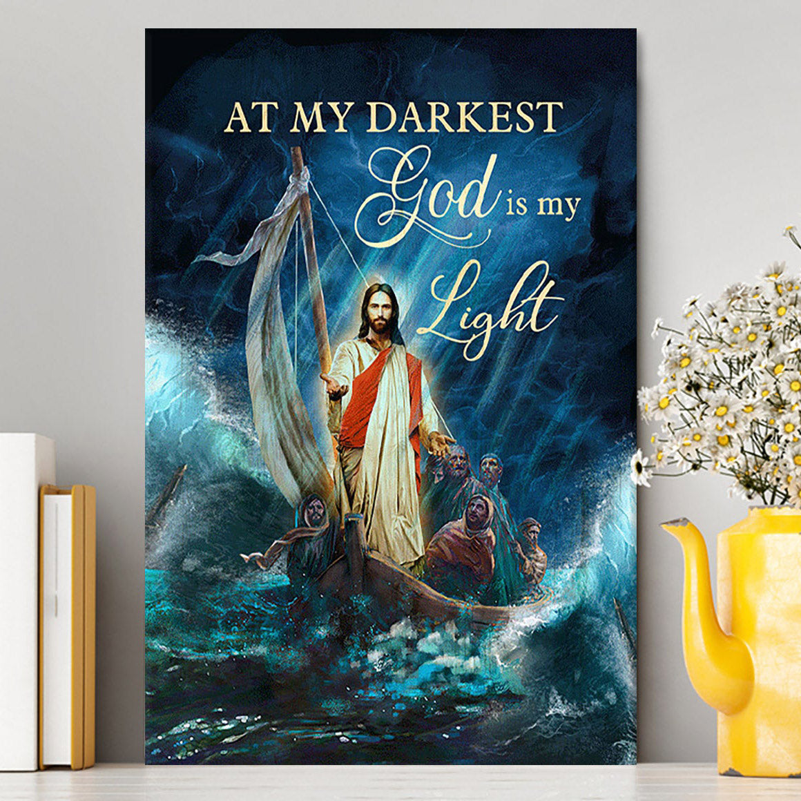 Jesus Calming The Storm Canvas - At My Darkest God Is My Light Wall Art Canvas - Jesus Portrait Canvas Prints - Christian Wall Art