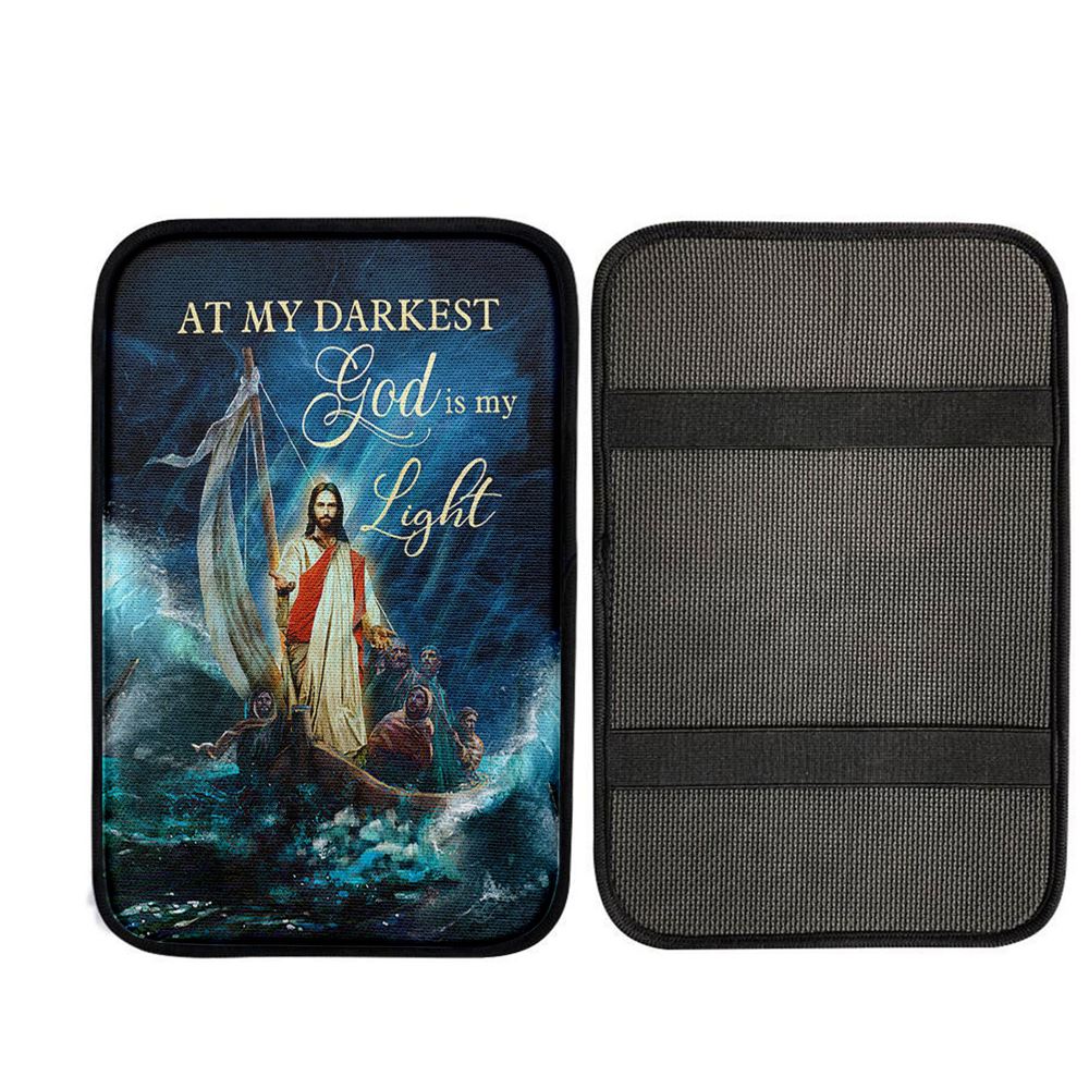 Jesus Calming The Storm Car Armrest Pad - At My Darkest God Is My Light Car Center Console Cover, Religious Car Interior Accessories