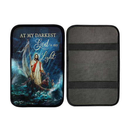 Jesus Calming The Storm Car Armrest Pad - At My Darkest God Is My Light Car Center Console Cover, Religious Car Interior Accessories