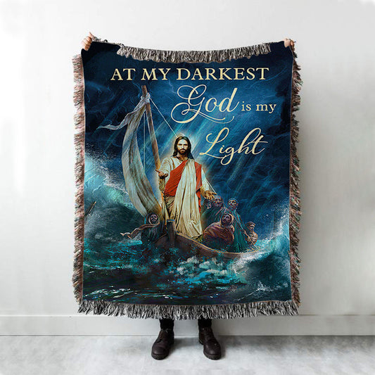 Jesus Calming The Storm Woven Blanket - At My Darkest God Is My Light Throw Blanket Woven Blanket - Jesus Portrait Woven Blanket Prints - Christian Throw Blanket