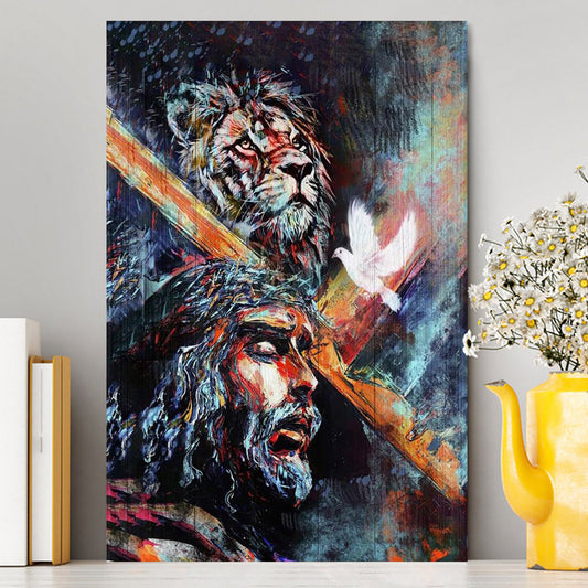 Jesus Carry Cross With Lion Dove Canvas Prints - Lion Canvas Art - Christian Inspirational Canvas