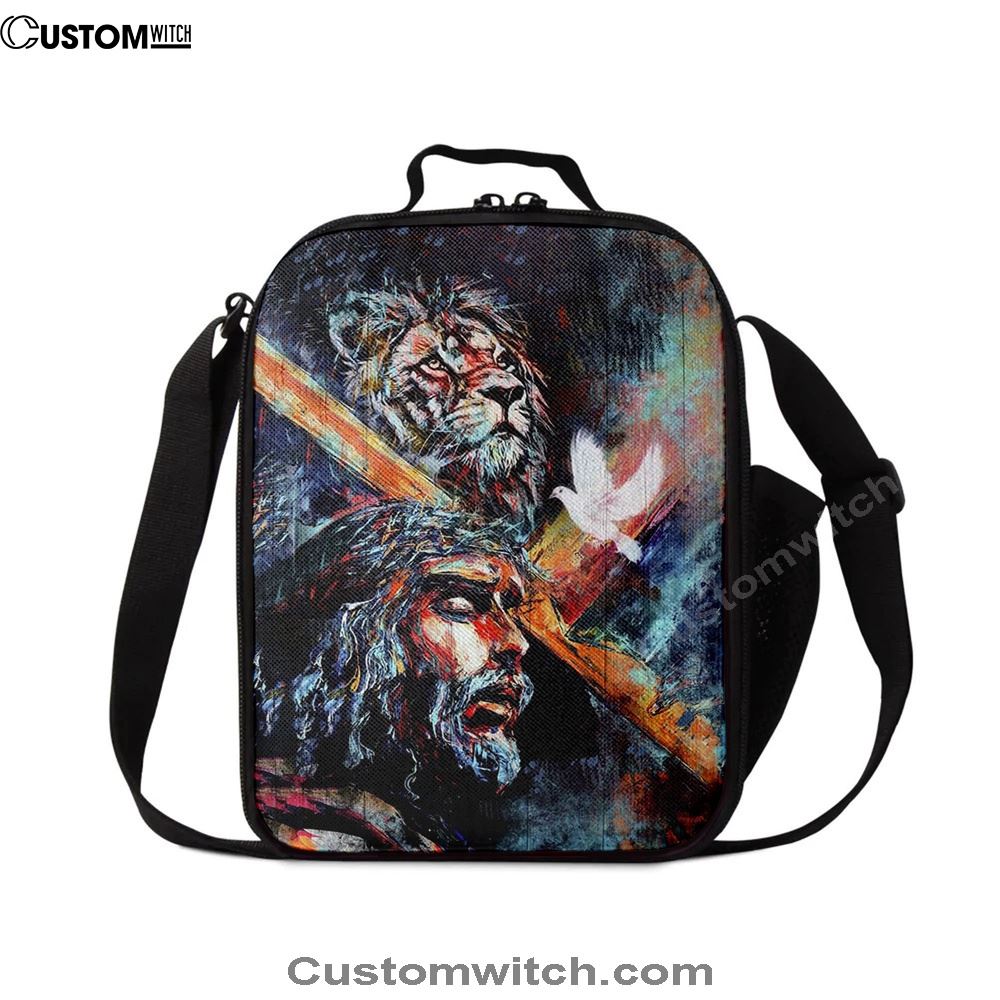 Jesus Carry Cross With Lion Dove Lunch Bag - Lion Lunch Bag, Christian Lunch Box For School, Picnic