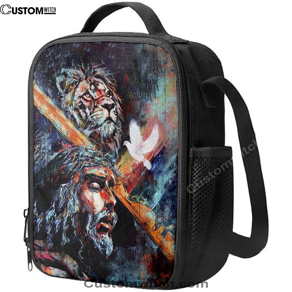 Jesus Carry Cross With Lion Dove Lunch Bag - Lion Lunch Bag, Christian Lunch Box For School, Picnic