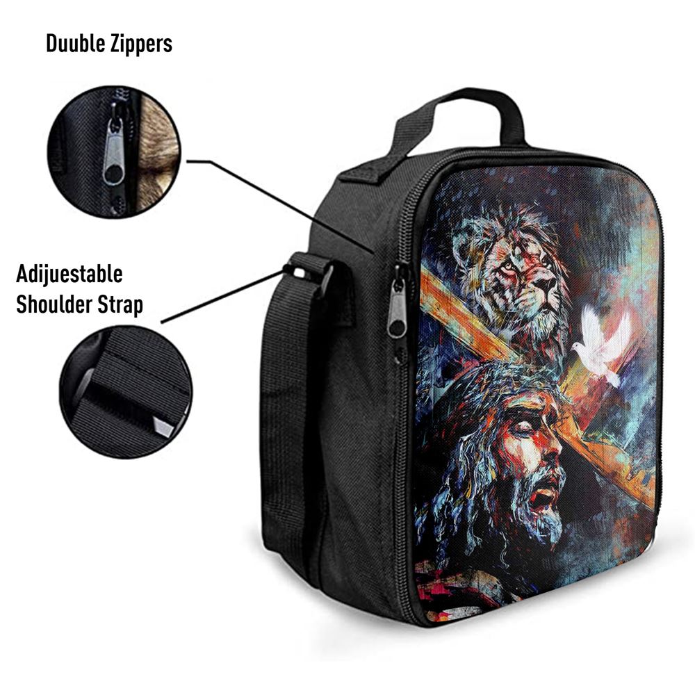 Jesus Carry Cross With Lion Dove Lunch Bag - Lion Lunch Bag, Christian Lunch Box For School, Picnic