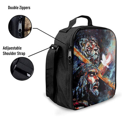 Jesus Carry Cross With Lion Dove Lunch Bag - Lion Lunch Bag, Christian Lunch Box For School, Picnic