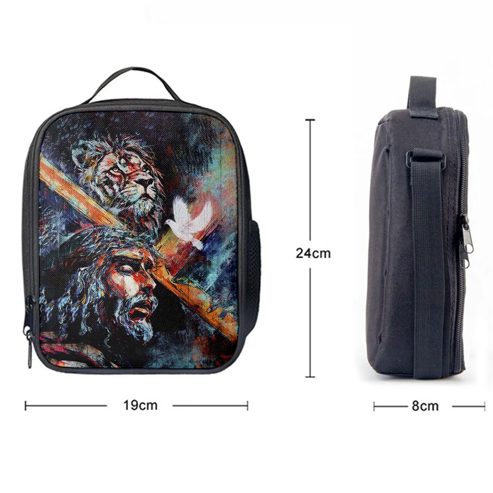 Jesus Carry Cross With Lion Dove Lunch Bag - Lion Lunch Bag, Christian Lunch Box For School, Picnic