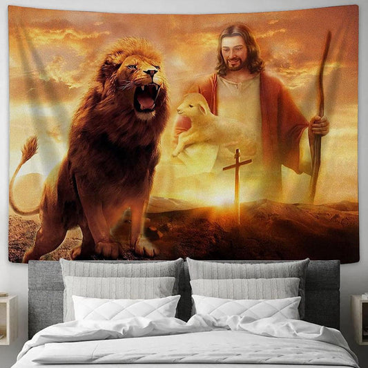 Jesus Carry Lamb The King Lion Tapestry Art - Lion Tapestry Wall Decor - Christian Scripture Tapestry
