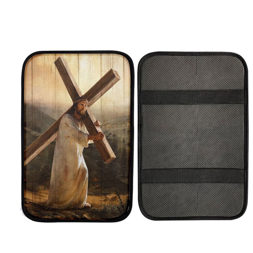 Jesus Carrying The Cross Car Center Console Cover, Car Armrest Pad, Christian Gift, Armrest Box Mat