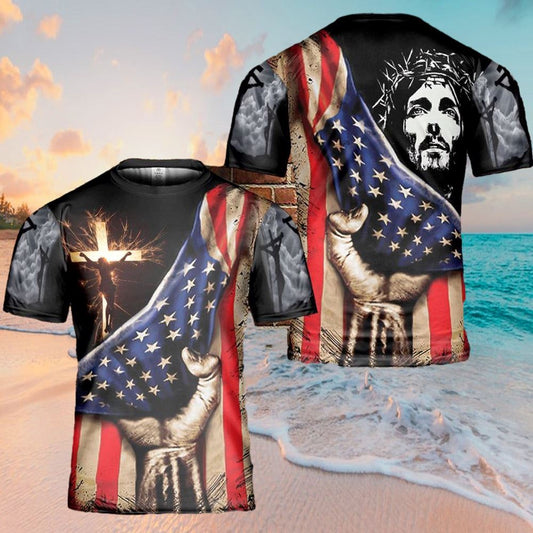 Jesus Christ American Flag Cross All Over Print 3D T-Shirt, Gift For Christian, Jesus Shirt