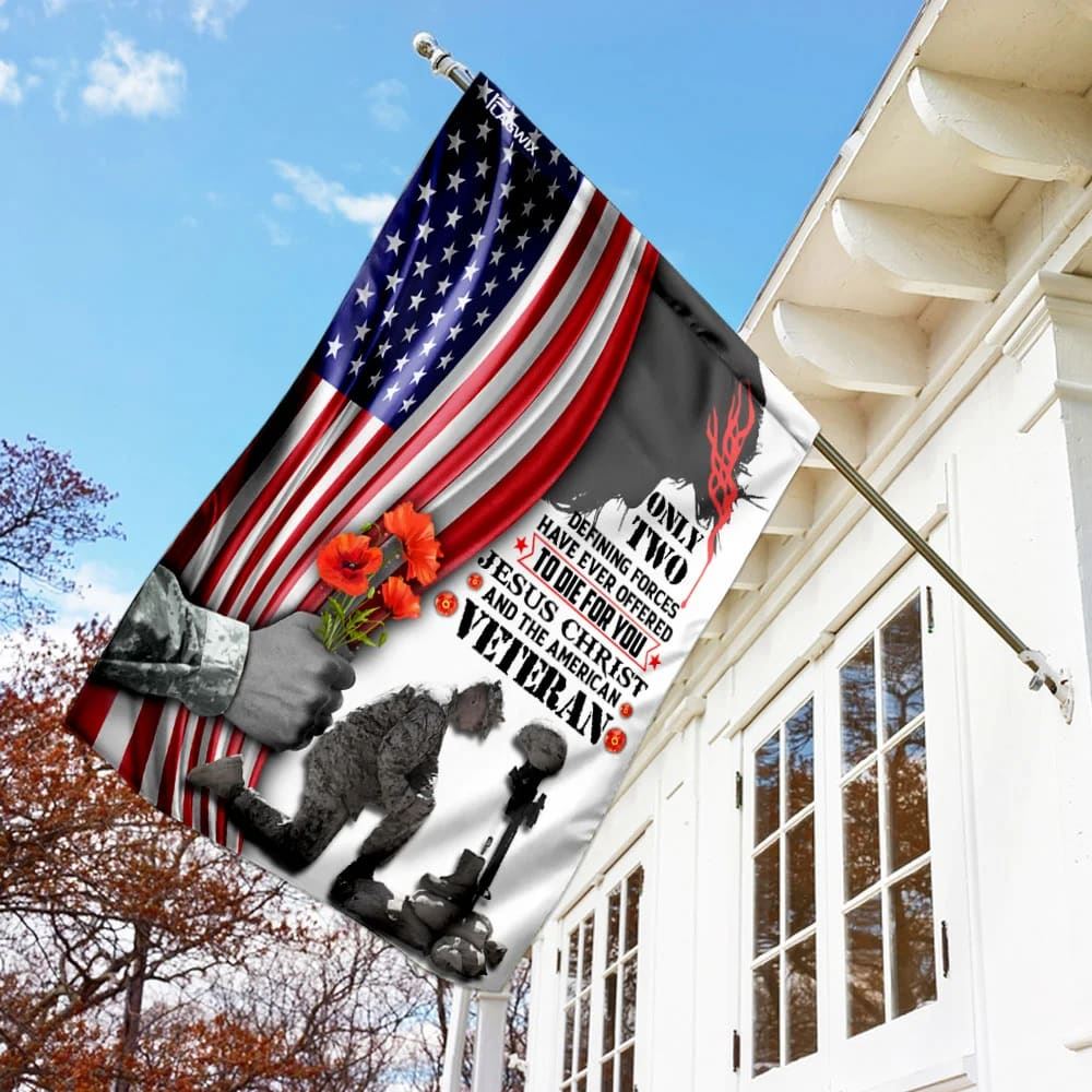 Jesus Christ And American Veteran House Flags, Christian Flag, Scripture Flag, Garden Banner