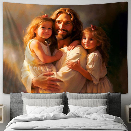 Jesus Christ And Two Little Girls Tapestry Prints - Jesus Christ Picture - Jesus Tapestry Art