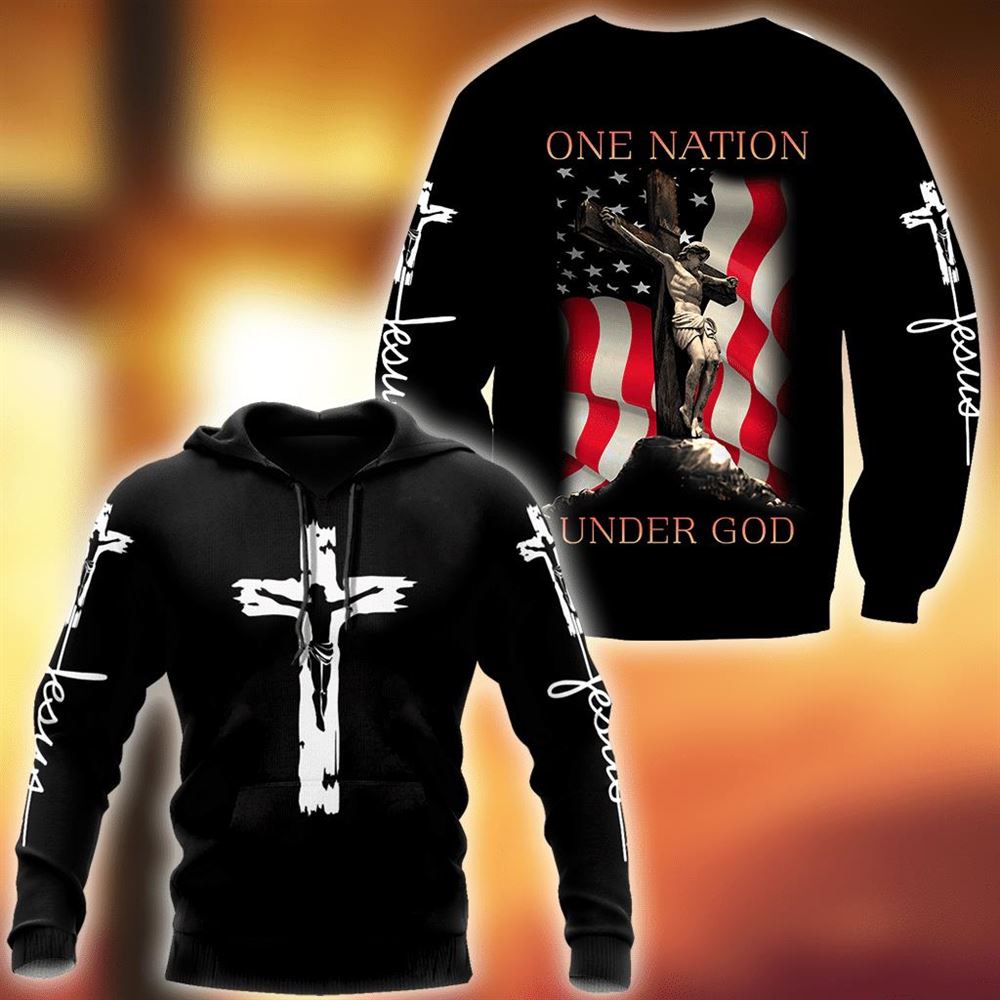 Jesus Christ Cross And Flag One Nation Under God 3D Hoodie For Man And Women, Jesus Printed 3D Hoodie