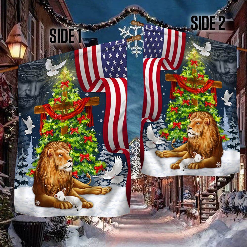 Jesus Christ Cross Lion Of Judah Christmas Tree Flag, Christian Christmas House Flag, Christmas Outdoor Decor Ideas
